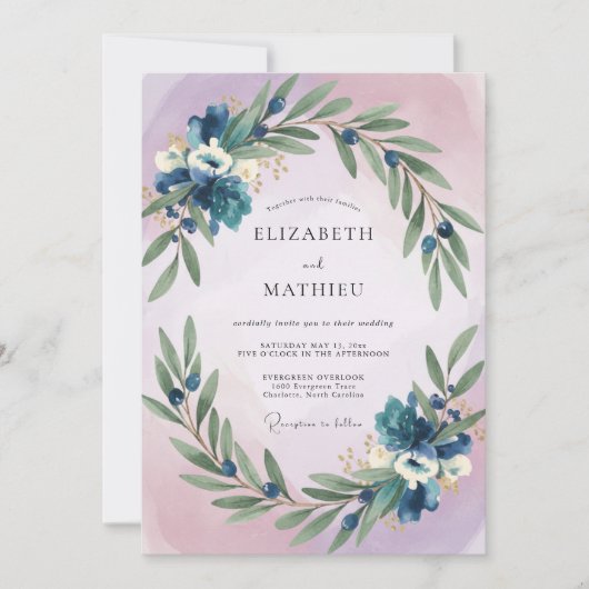 Indigo Olivenblatt Hochzeit Einladung (Vorderseite)