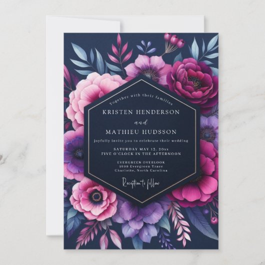 Indigo Opulent Bloom Wedding Einladung (Vorderseite)