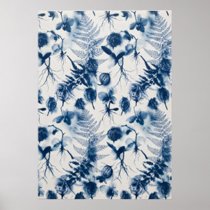 Indigo-Orchideen-Wurzeln-Farn-Samenkapsel-Muster-P Poster