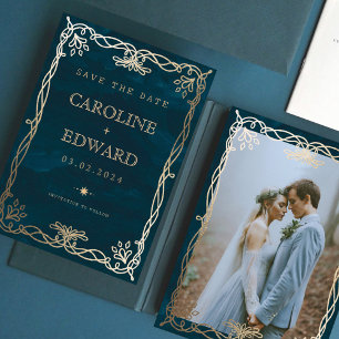 Indigo-Ornament mittelalterlicher Efeu-Hochzeit Save The Date