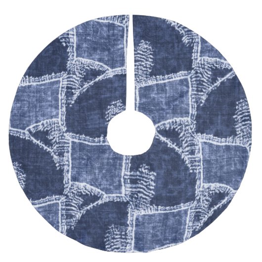 Indigo Patchwork: Texturierte Karo-Eleganz Polyester Weihnachtsbaumdecke (Vorderseite)