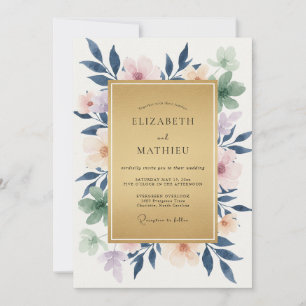 Indigo-Pfirsich-Laub-Eukalyptus-Hochzeit Einladung