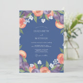 Indigo-Pfirsich-Ranunculus-Eukalyptus-Hochzeit Einladung (Stehend Vorderseite)