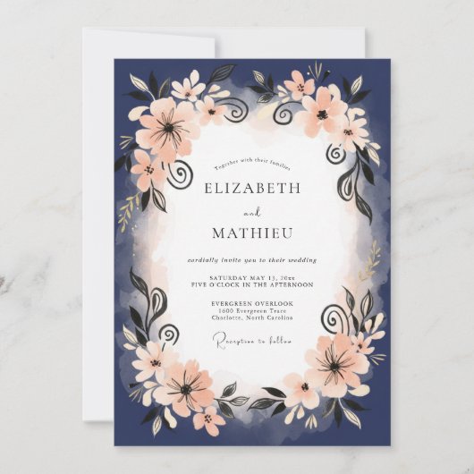 Indigo Pfirsichblatt-Hochzeit Einladung (Vorderseite)