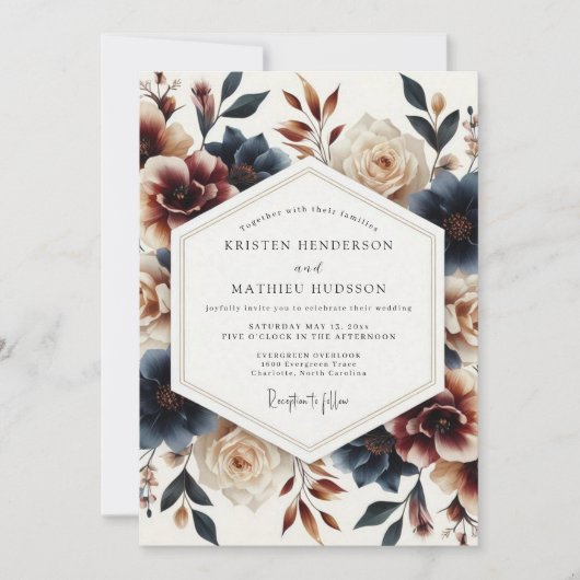 Indigo-Rost Painterly Bloom Hochzeit Einladung (Vorderseite)