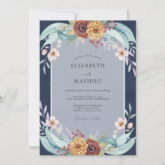 Indigo-Rost-Wildblumen-Hochzeit Einladung (Vorderseite)