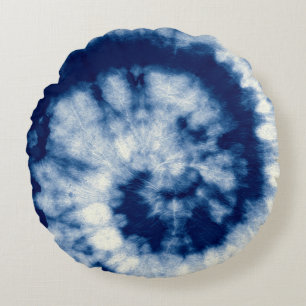 Indigo Round. Bohemische Gefärbte Krawatte. Blue R Rundes Kissen