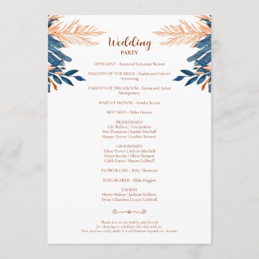 Indigo Rust Modern Floral Boho Elegante Hochzeit Programm (Rückseite)