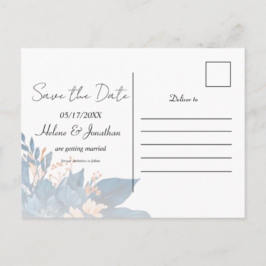 Indigo Rust Moderne Blumenhochzeit rettet das Datu Ankündigungspostkarte (Rückseite)