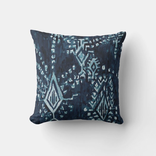 Indigo Satellite Ikat Tribal Watercolor Kissen (Vorderseite)