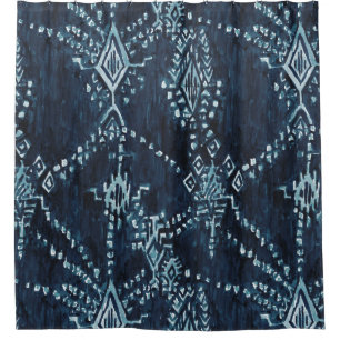 Indigo SatellitenIkat Stammes- Aquarell Duschvorhang