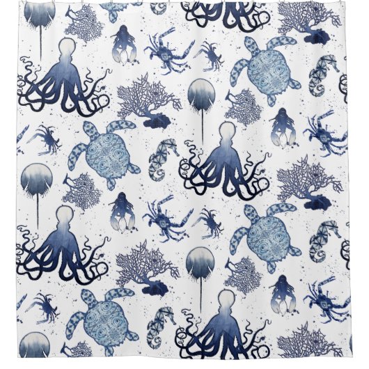 Indigo Shibori Beach Octopus Sea Turtle Seepferd Duschvorhang (Vorderseite)