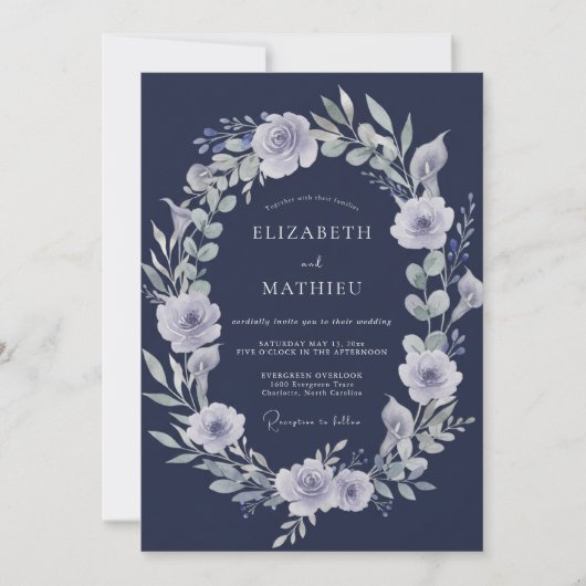 Indigo-Silber-Eukalyptus-Hochzeit Einladung (Vorderseite)