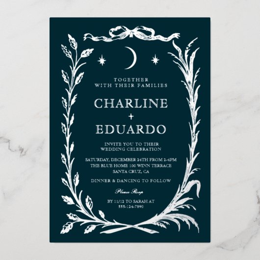 Indigo Silver Ivy Ornament Wedding Invitation Folieneinladung (Vorderseite)