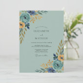 Indigo Soft Gold Blatt Hochzeit Einladung (Stehend Vorderseite)