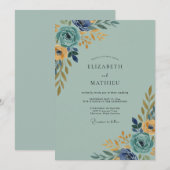 Indigo Soft Gold Blatt Hochzeit Einladung (Vorne/Hinten)