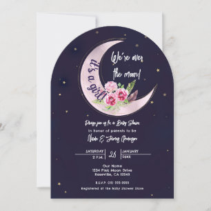 Indigo Stern Fall Pink Floral Mond Baby Shower Einladung
