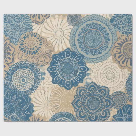 Indigo Tan Boho Floral Geschenkpapier (Flach)