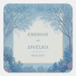 Indigo-Tinte geätzter Waldrahmen Hochzeit Quadratischer Aufkleber