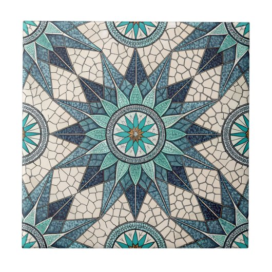 Indigo Türkis Kompass Mosaik – Bleiglas Fliese (Vorderseite)