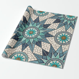Indigo Türkis Kompass Mosaik – Buntglas Geschenkpapier