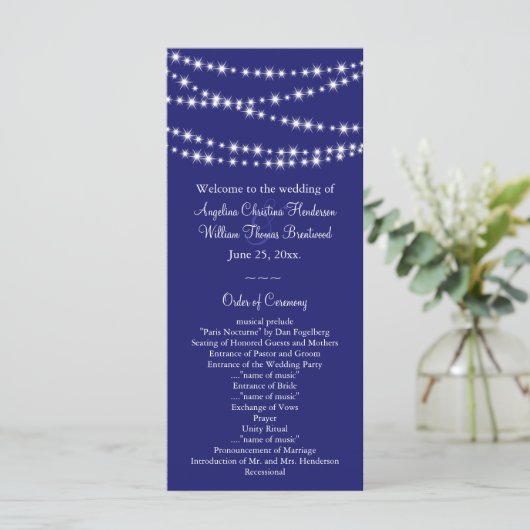 Indigo Twinkle Lights Hochzeitsprogramm Programm (Stehend Vorderseite)