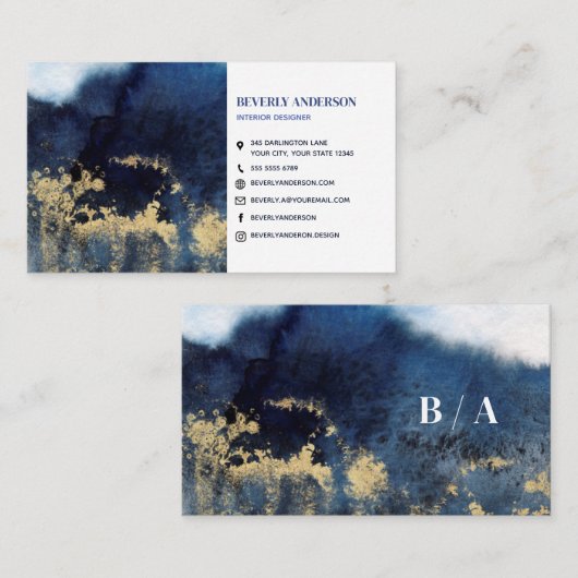 Indigo und Gold Modern Art Business Card Visitenkarte (Vorne/Hinten)