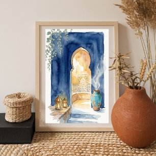 Indigo- und Ocker-Marokkanisches Hammam-Aquarell Poster