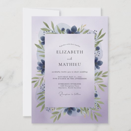 Indigo-Veilchen-Blatt-Hochzeit Einladung (Vorderseite)