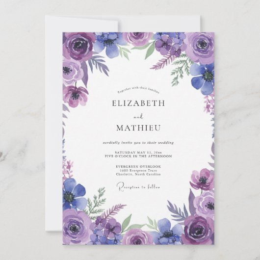 Indigo-Veilchen-Wildblumen-Hochzeit Einladung (Vorderseite)
