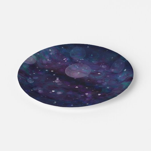 Indigo Violet Hübsch Sparkle Lights Herz & Stars Pappteller (Schrägansicht)