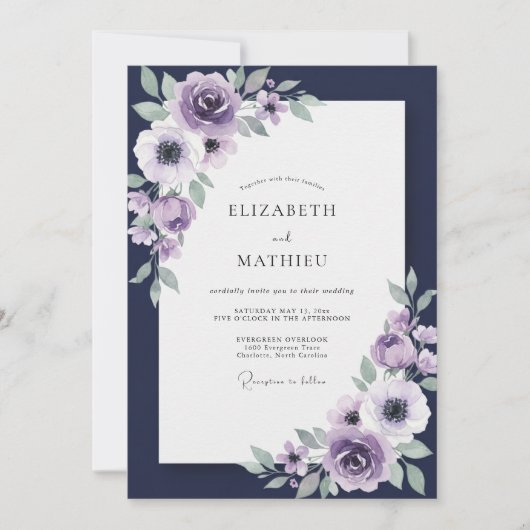 Indigo-Violette Bemalte Hochzeit Einladung (Vorderseite)