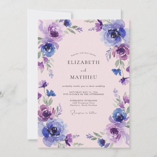 Indigo Violette Blütenhochzeit Einladung (Vorderseite)