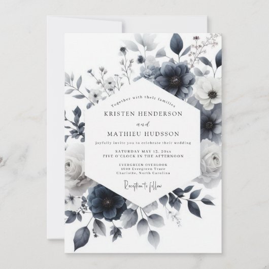 Indigo Wash Botanical Wedding Einladung (Vorderseite)
