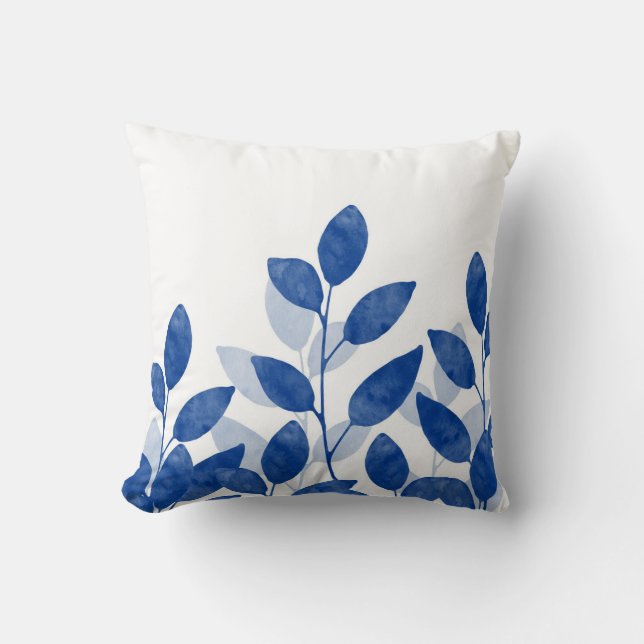 Indigo Watercolor-Blätter Kissen (Vorderseite)