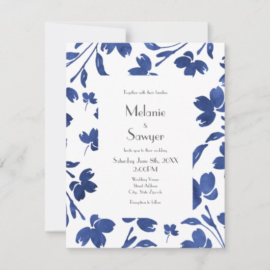 Indigo Watercolor Blume Stems Einladung (Vorderseite)