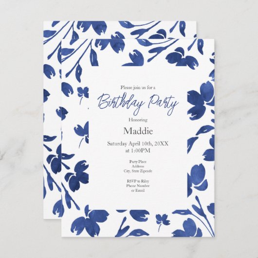 Indigo Watercolor Blume Stems Einladung (Vorne/Hinten)