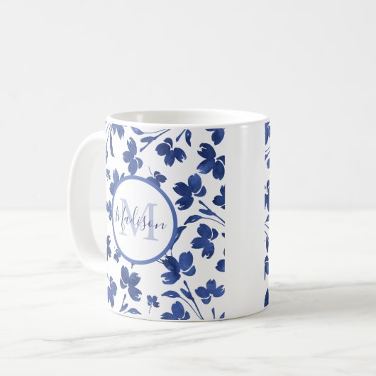 Indigo Watercolor Blume Stems Kaffeetasse (Vorderseite Links)