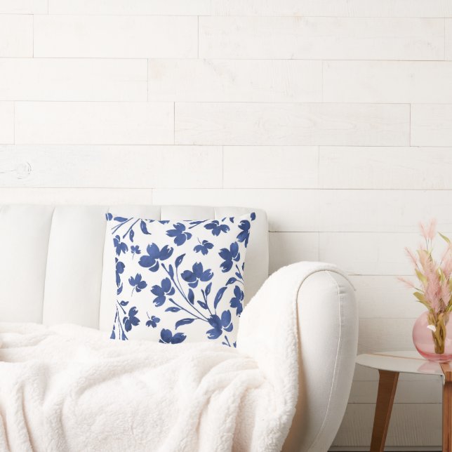 Indigo Watercolor Blume Stems Kissen (Liege)
