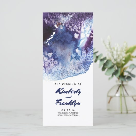 Indigo Watercolor Crystals Moderne Hochzeitsprogra Programm (Stehend Vorderseite)
