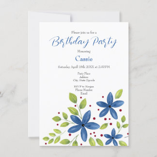 Indigo Watercolor Floral Bouquet Einladung