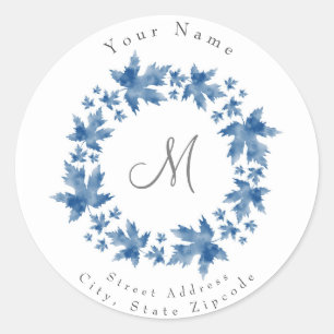 Indigo Watercolor Maple Blätter Wreath Runder Aufkleber