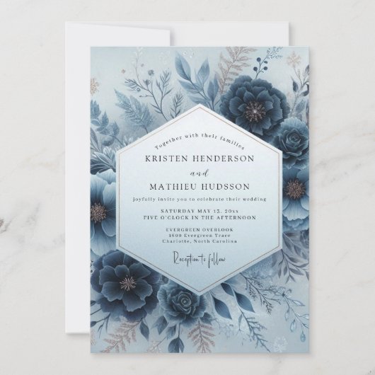 Indigo Winter Flora Hochzeit Einladung (Vorderseite)