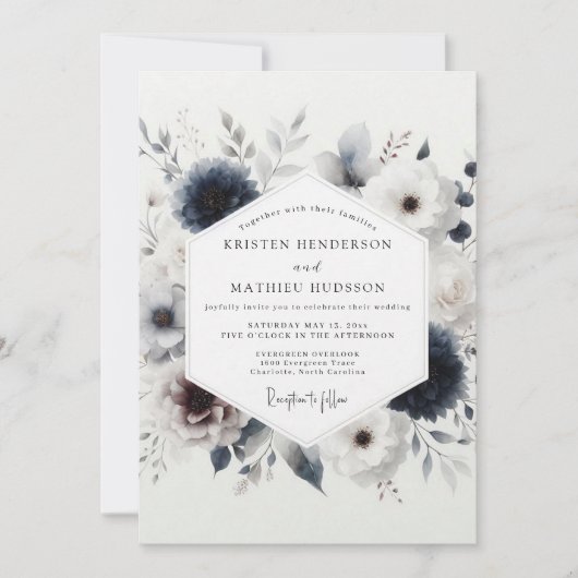 Indigo Winter Floral Wedding Einladung (Vorderseite)
