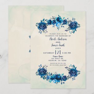 Indigoblau & Beige Aquarell Blumen Hochzeit Einladung