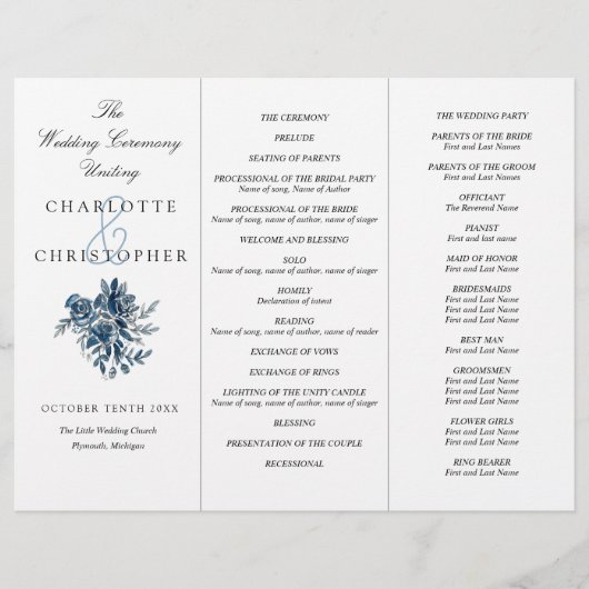 Indigoblau Blumen Tri-Fold Hochzeitsprogramm (Vorderseite)