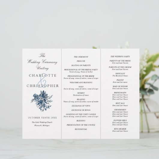 Indigoblau Blumen Tri-Fold Hochzeitsprogramm (Stehend Vorderseite)