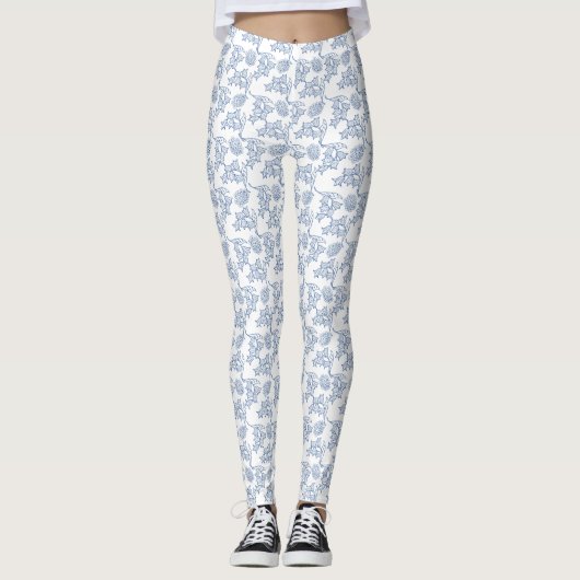 Indigoblau-florales Muster auf Weiß, um es individ Leggings (Vorderseite)