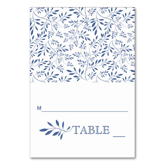 Indigoblaue Blätter Hochzeitskarte Tischnummer (Vorderseite)