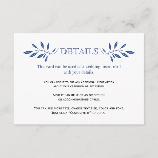 Indigoblaue Blätter Muster Hochzeitkarte einfügen Begleitkarte (Vorderseite)